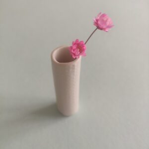 In a gentle and pale setting, the Mini Porcelain White Vase elegantly displays two fragile pink flowers. In a gentle and pale setting, the Mini Porcelain White Vase elegantly displays two fragile pink flowers.