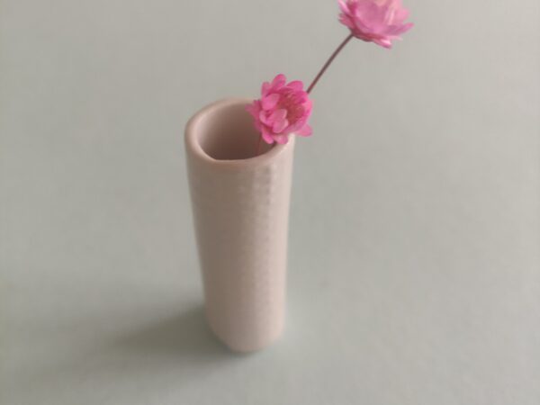 In a gentle and pale setting, the Mini Porcelain White Vase elegantly displays two fragile pink flowers. In a gentle and pale setting, the Mini Porcelain White Vase elegantly displays two fragile pink flowers.