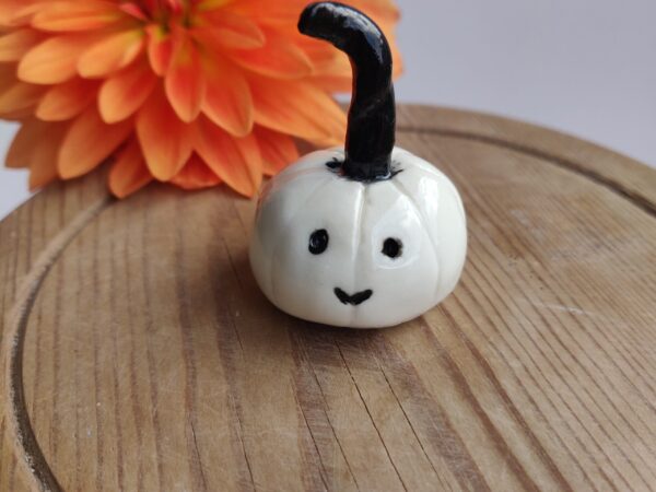 A Cheeky Porcelain Pumpkin, featuring a cute face and a small white exterior, rests on a wooden surface with an orange flower visible in the background.