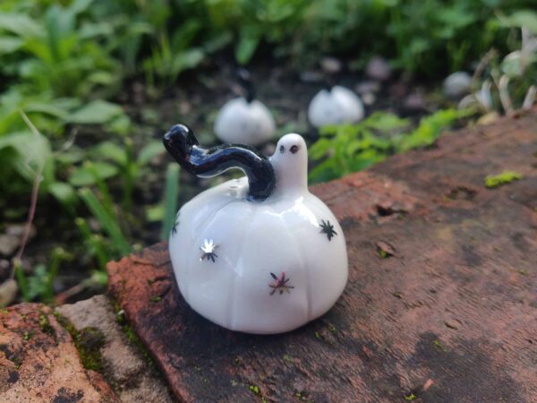 Ghostly Porcelain Pumpkins with black accents on a brick surface, surrounded by greenery. Ghostly Porcelain Pumpkins with black accents on a brick surface, surrounded by greenery.